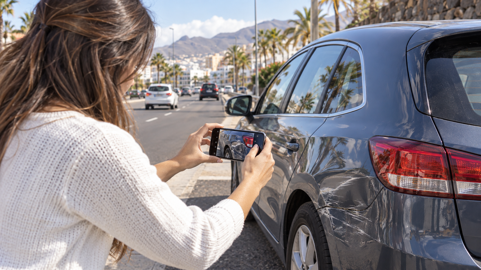 Persona documentando con el móvil los daños del vehículo tras un accidente de tráfico